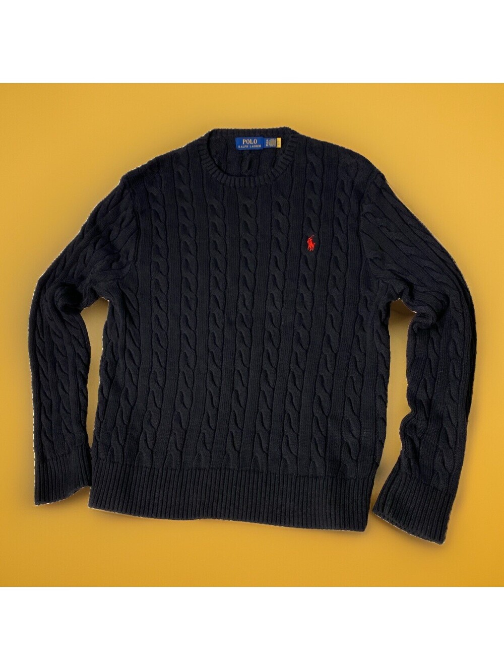 Polo Ralph Lauren Men’s XL Black Cable Knit Cotton Crewneck Sweater Red Pony